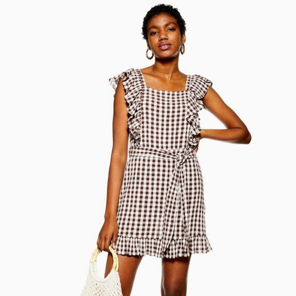 Topshop Dresses & Skirts - NWOT Topshop • Brown Gingham Ruffle Mini Dress